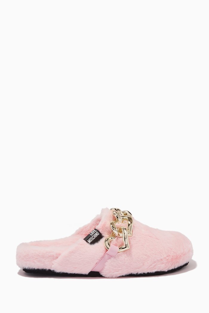 

Chunky Chain Mules in Faux Fur, Pink