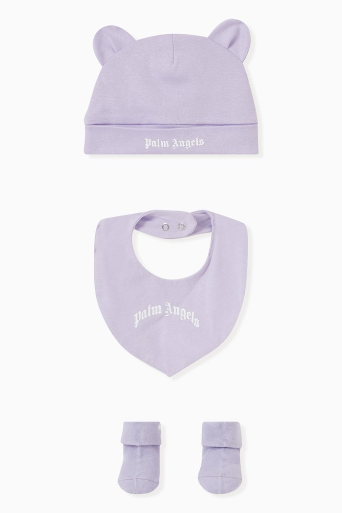 

Logo Print Hat, Bib and Socks, Set of Three, Purple