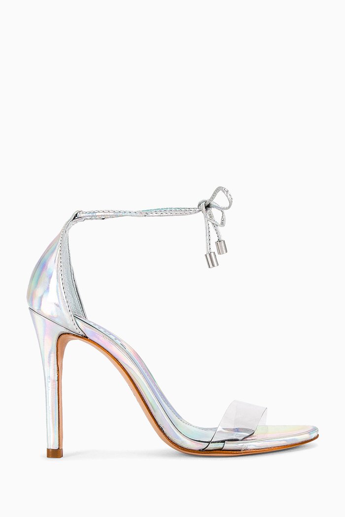 

Josseana Round-toe Mules in Plexi & Leather, Silver