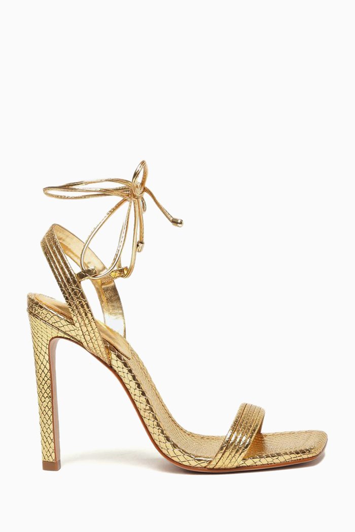 

Melady Square-toe Sandals in Laminated Leather, Gold