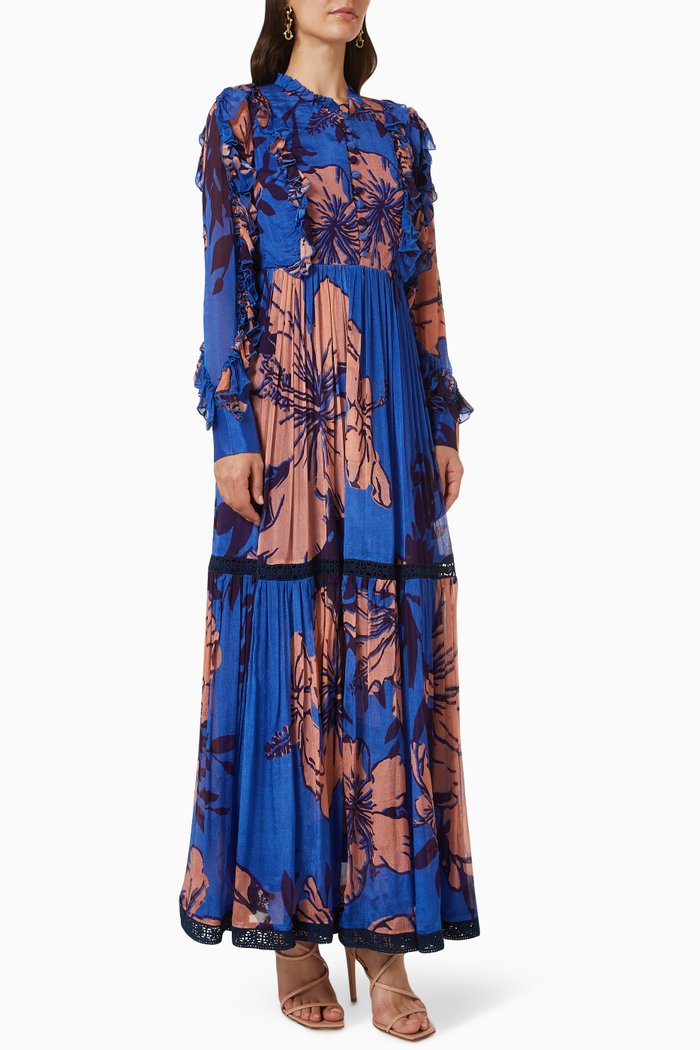 Frill Floral Print Maxi Dress in Chiffon, Blue