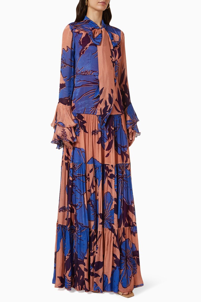 

Floral Print Bow Tie Maxi Dress in Chiffon, Multicolour