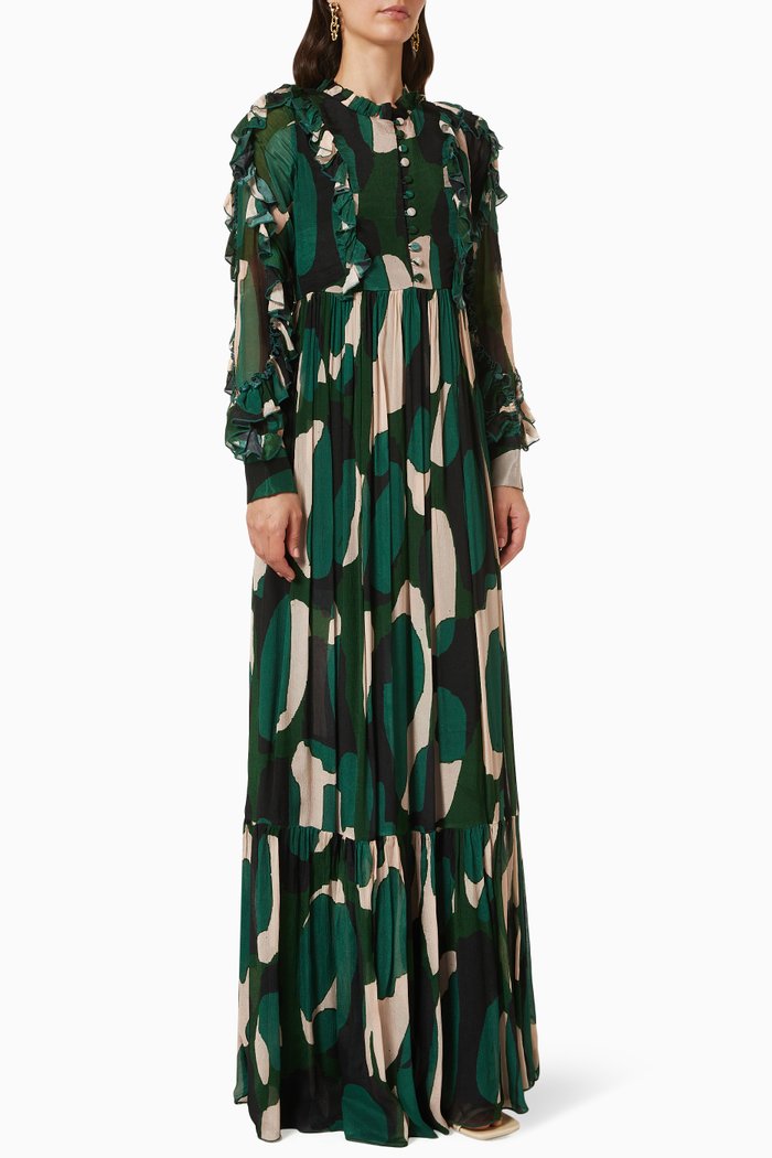 

Frill Abstract Print Maxi Dress in Chiffon, Green