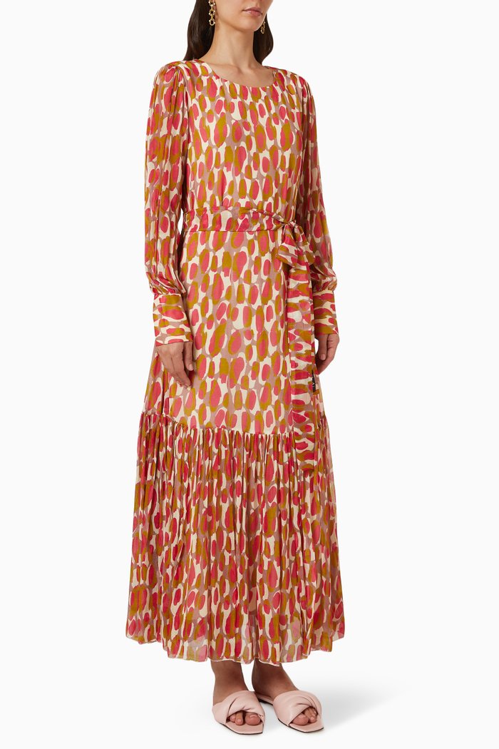 

Belted Abstract Print Maxi Dress in Chiffon, Multicolour