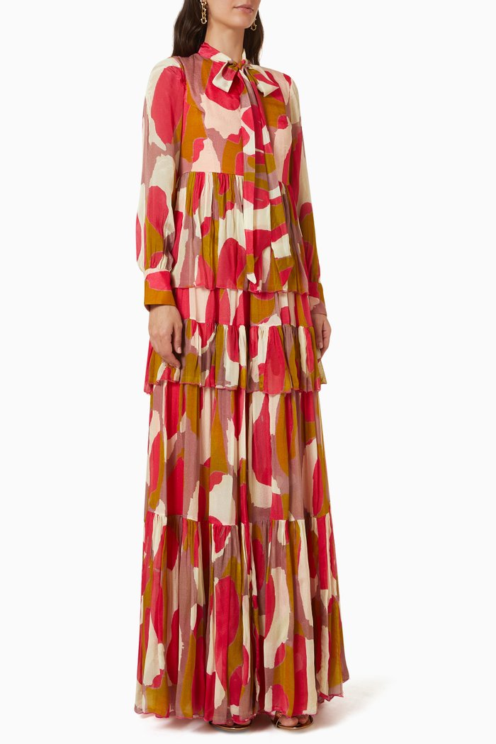 

Abstract Print Neck Tie Maxi Dress in Chiffon, Multicolour
