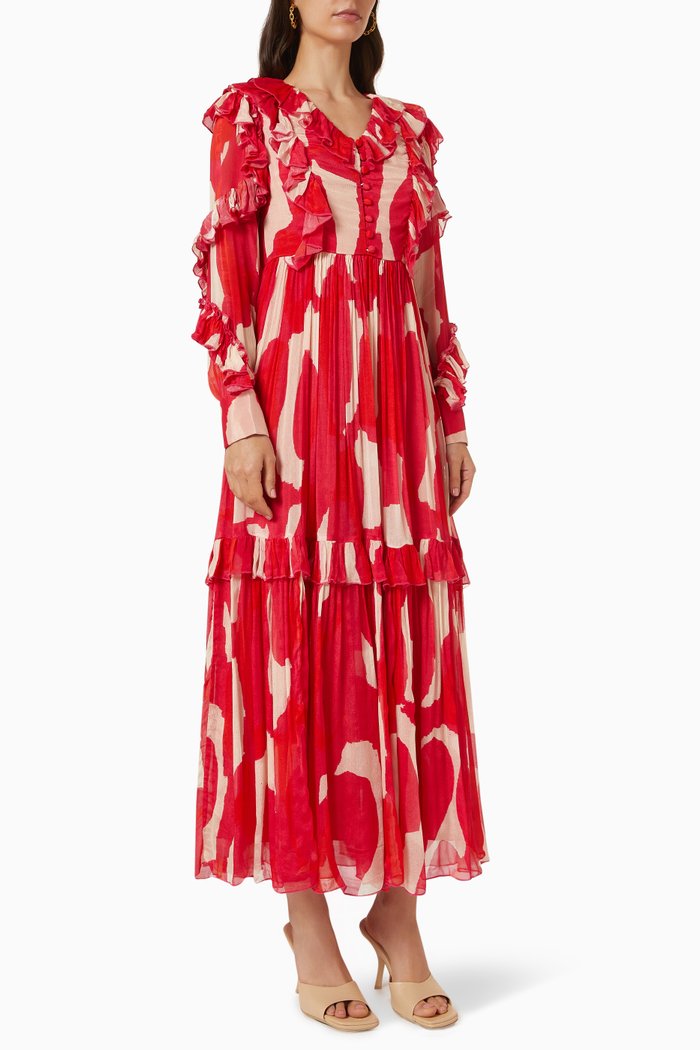 

Frill Abstract Print Midi Dress in Chiffon, Red