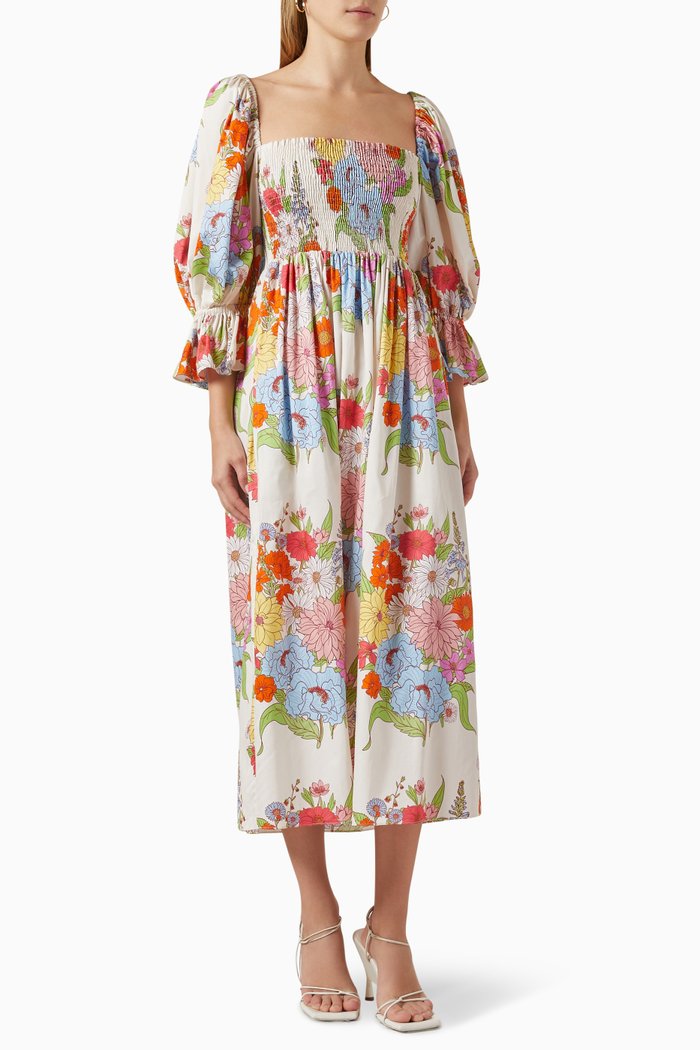 

Artemis Shirred Midi Dress in Cotton, Multicolour