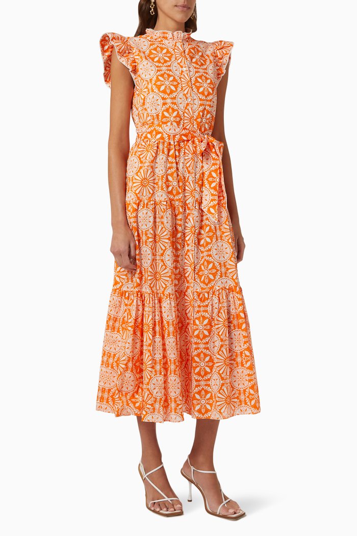 Everly Printed Dress in Linen, Orange