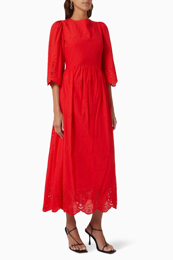 

Carla Dress in Broderie Anglaise Cotton, Red