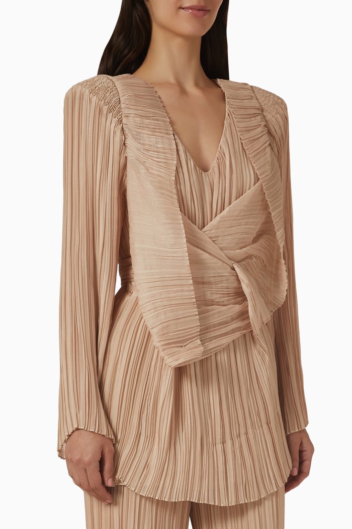 Pleated Long Sleeve Blouse, Neutral