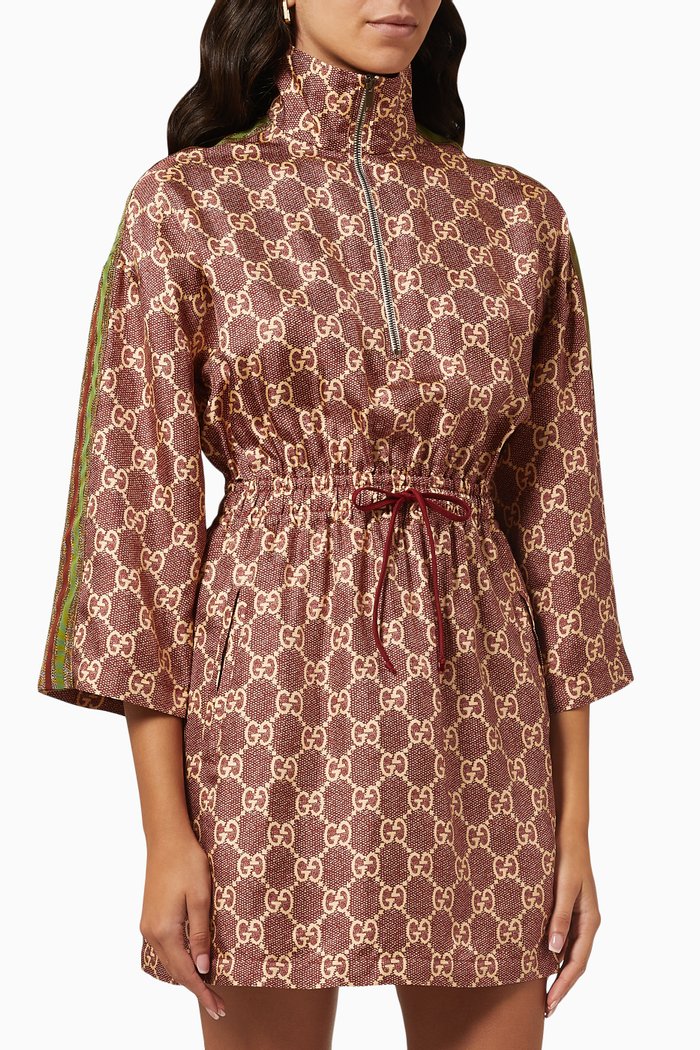 

GG Supreme Print High-neck Mini Dress in Organic Silk Twill, Red