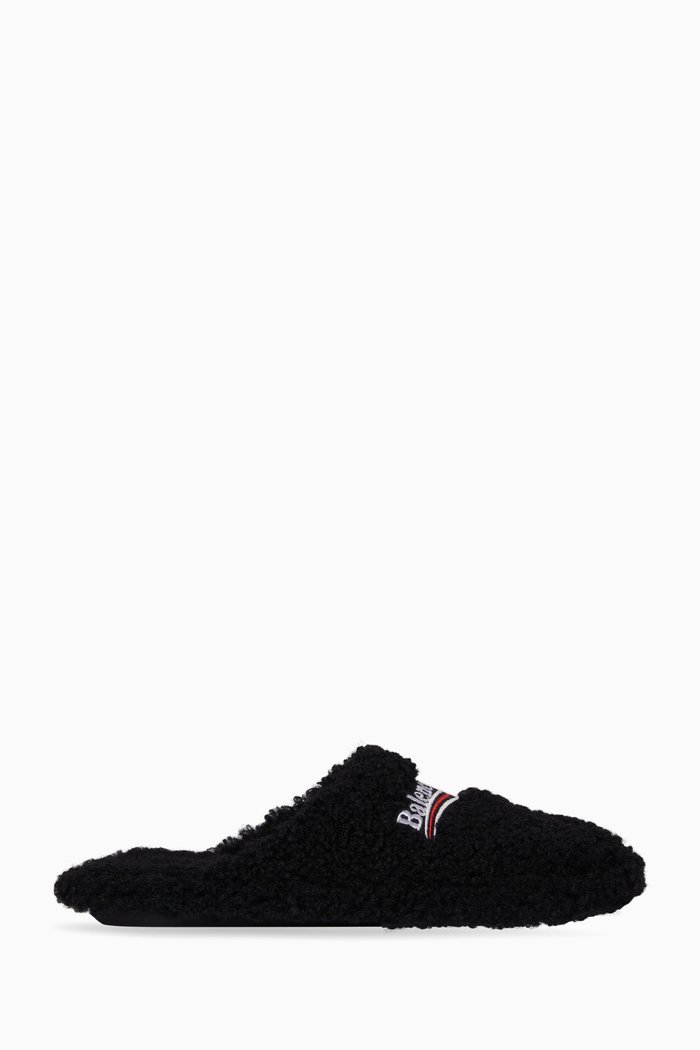 

Political Campaign Furry Mules in Faux Shearling, Black