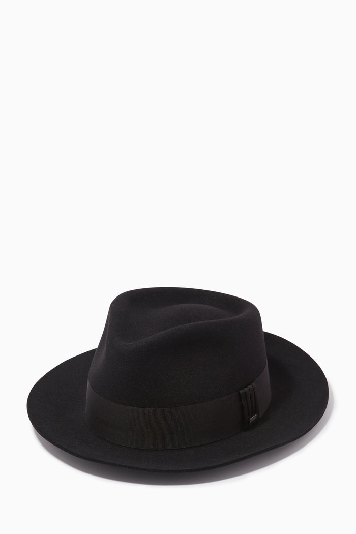

Wide Ribbon Fedora Hat in Rabbit Felt, Black