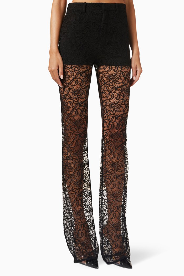 

Sheer Floral Straight-leg Pants in Lace, Black