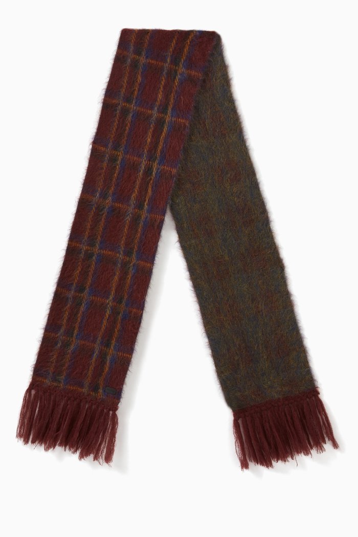 

Tartan Knit Fringed Scarf in Mohair Blend, Red