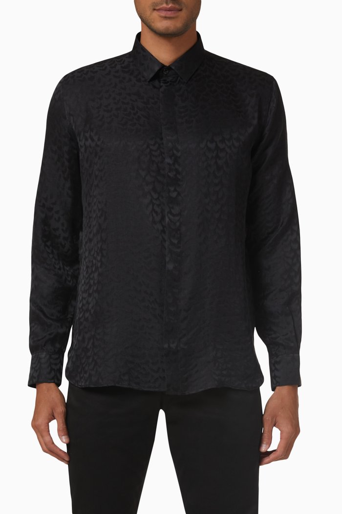 

Yves Collar Classic Shirt in Matte & Shiny Silk, Black