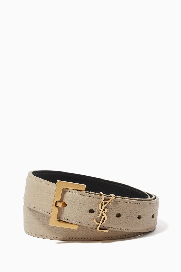 

Monogram Belt with Square Buckle in Grained Leather, Neutral