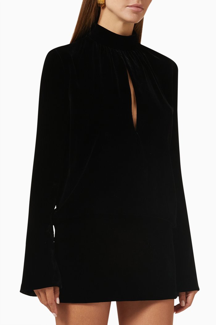 

High-neck Mini Dress in Velvet, Black