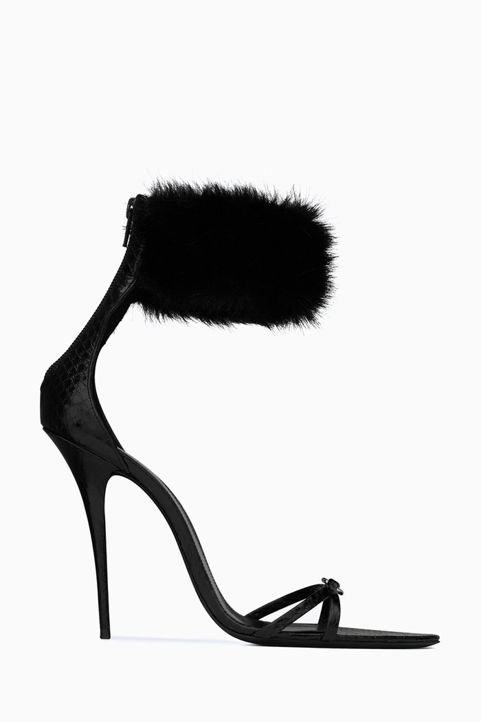 

Santine Fur Sandals in Lacquered Ayers, Black