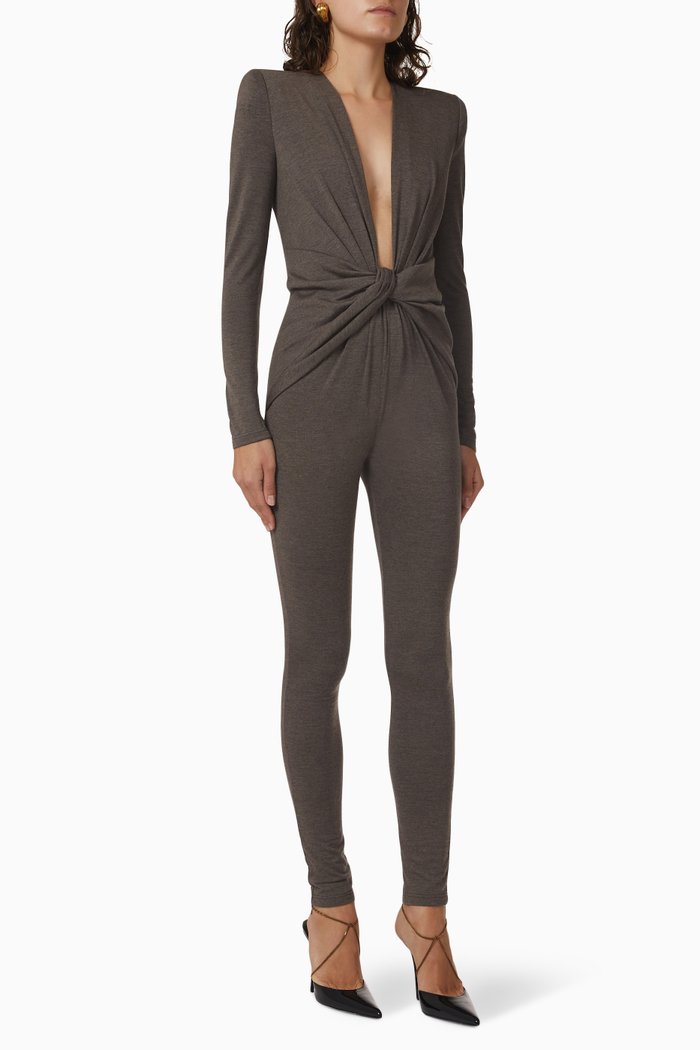 

V-neck Catsuit in Wool-jersey, Brown