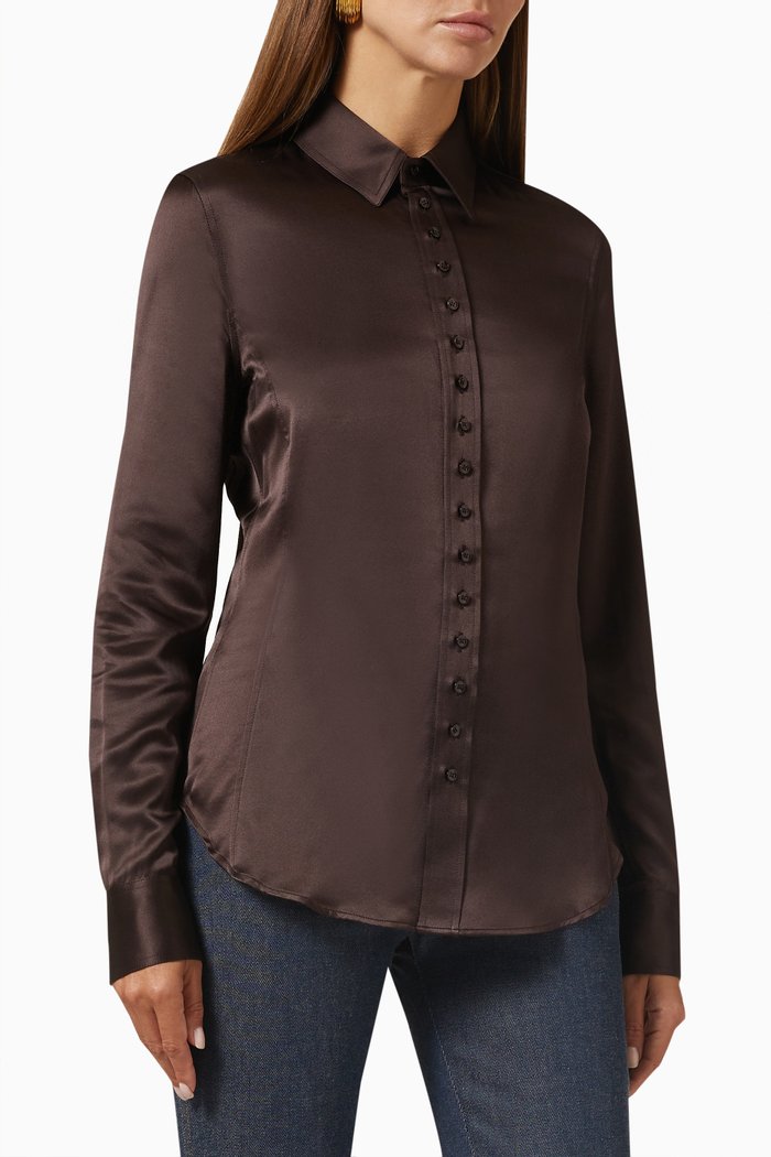 

Fitted Long-sleeve Shirt in Silk-satin, Brown
