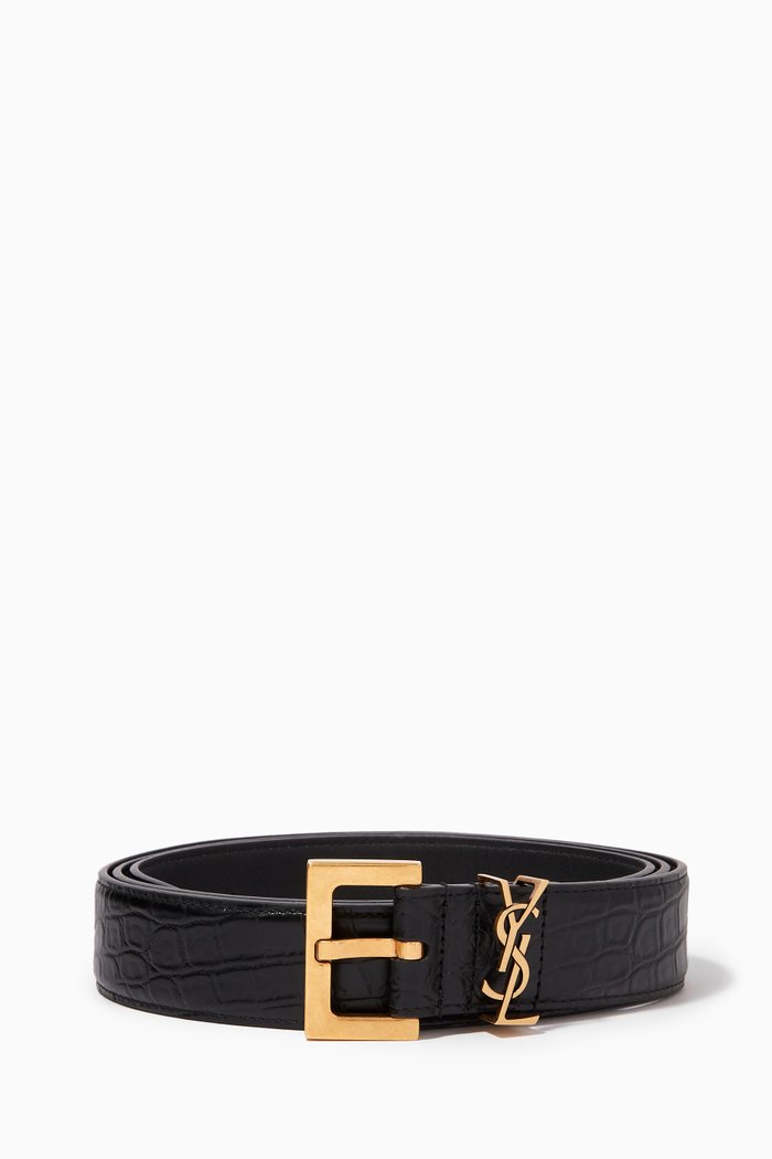 

Cassandre Belt with Square Buckle in Crocodile-embossed Leather, Black
