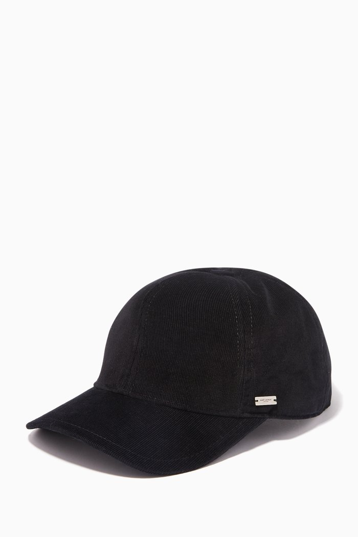 

Baseball Cap with Logo Plate in Cotton Corduroy, Black