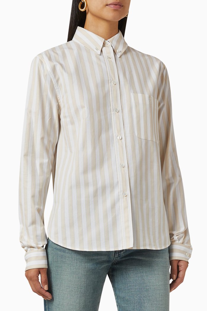 Monogram Shirt in Striped Cotton, White