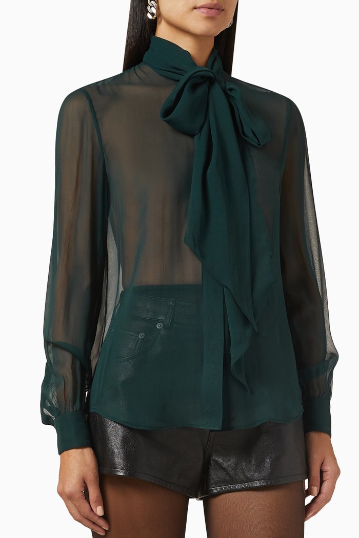 

Lavallière-neck Blouse in Crepe Muslin Silk, Green