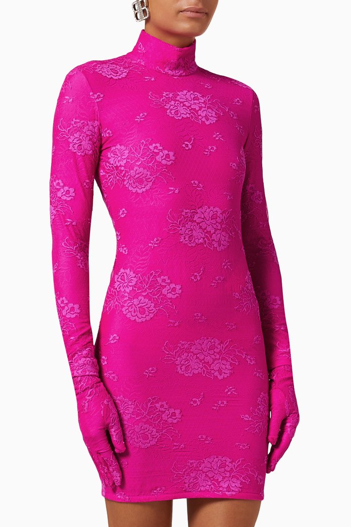 

Lingerie Turtleneck Mini Dress in Stretch Lace, Pink