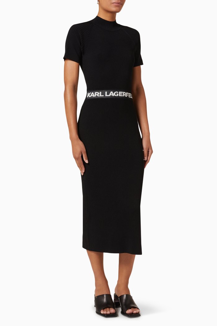 

Logo Tape Midi Dress in Recycled Viscose Rib- knit, Black