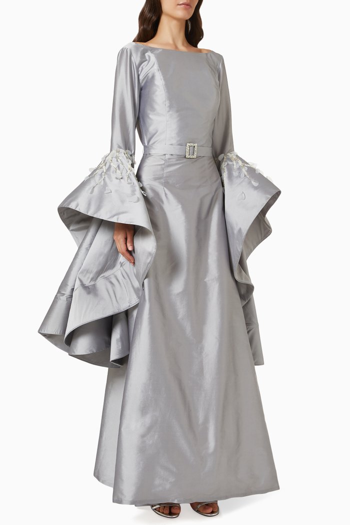 

Muraya Ruffle Sleeve Gown in Silk Taffeta, Grey