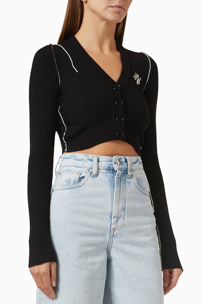 

Outline Crop Cardigan in Ribbed Wool-blend Knit, Black