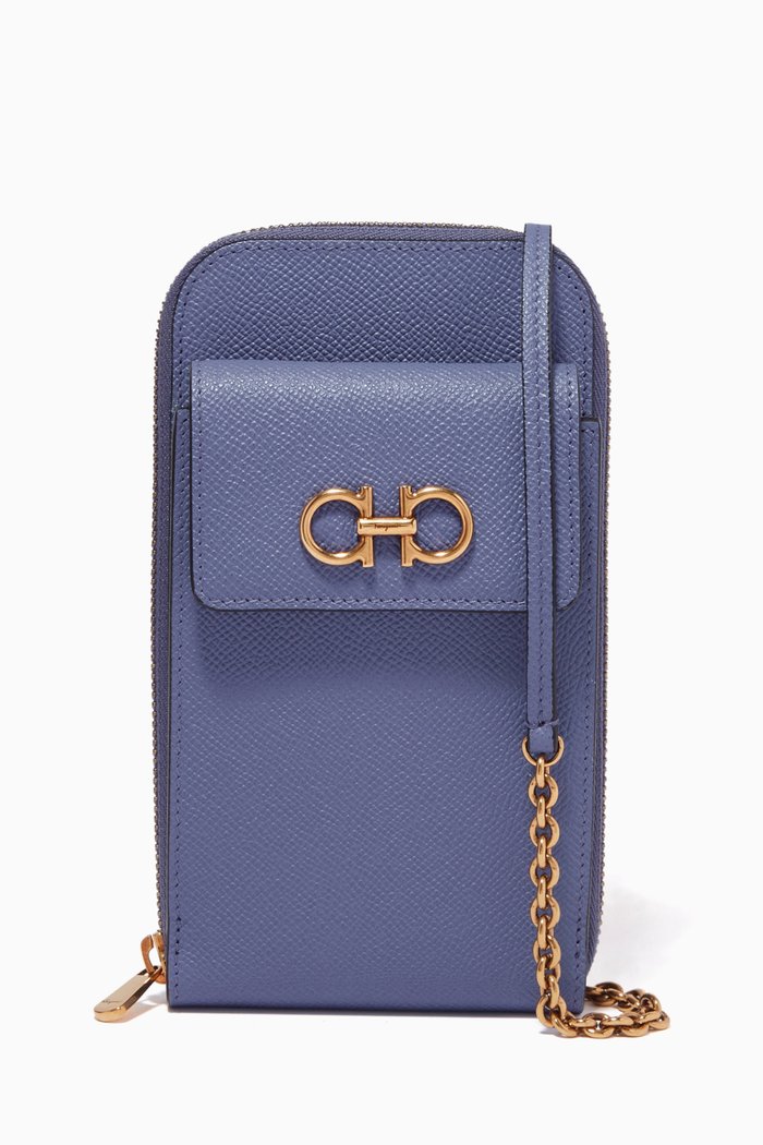 

Gancini Smartphone Holder in Hammered Calf Leather, Blue