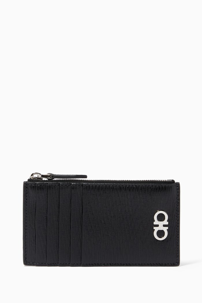 Revival Gancini CC Holder in Hammered Calfskin, Black