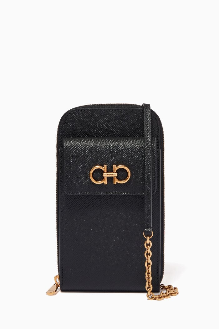 Gancini Smartphone Holder in Hammered Calf Leather, Black