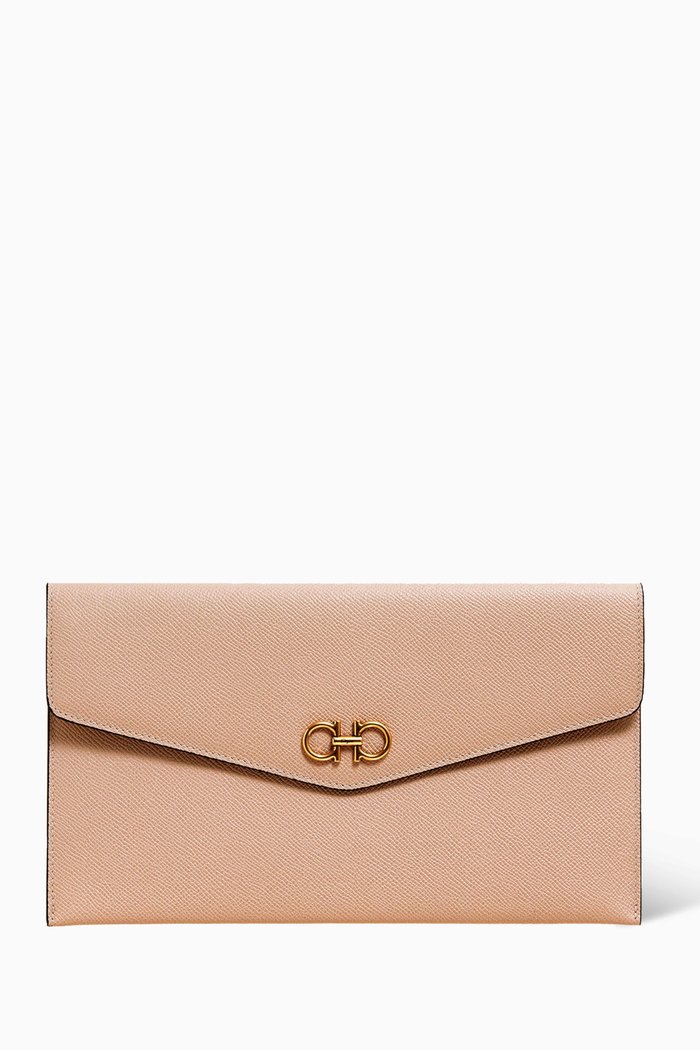 

Gancini Envelope Pouch in Hammered Calf Leather, Neutral