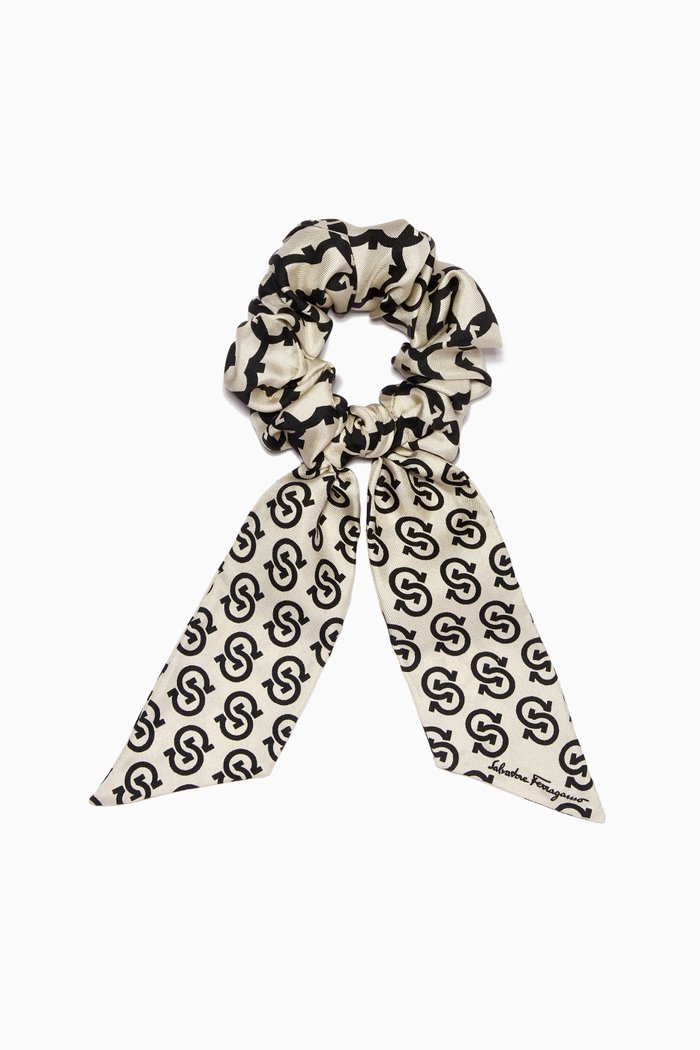 

Gancini Galore Hair Tie in Silk Twill, Black