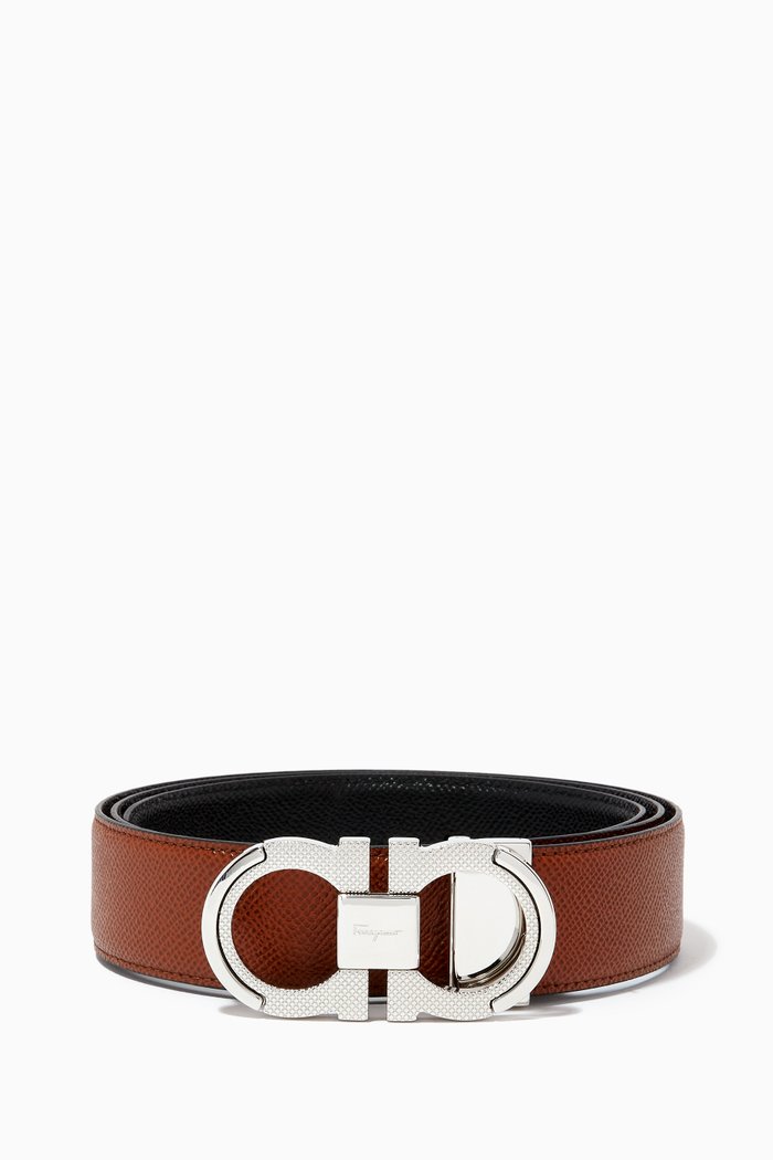 Gancini Reversible Belt in Hammered Calf Leather, Brown