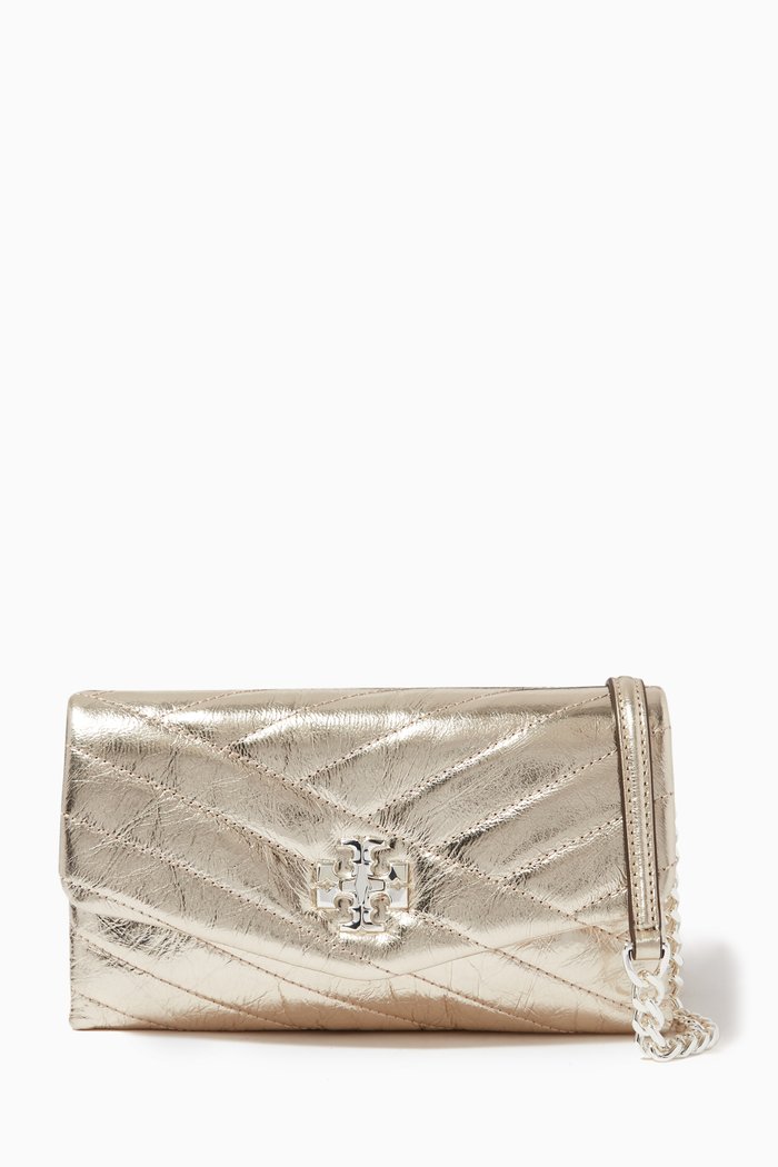 

Kira Chevron Chain Wallet in Metallic Leather, Gold