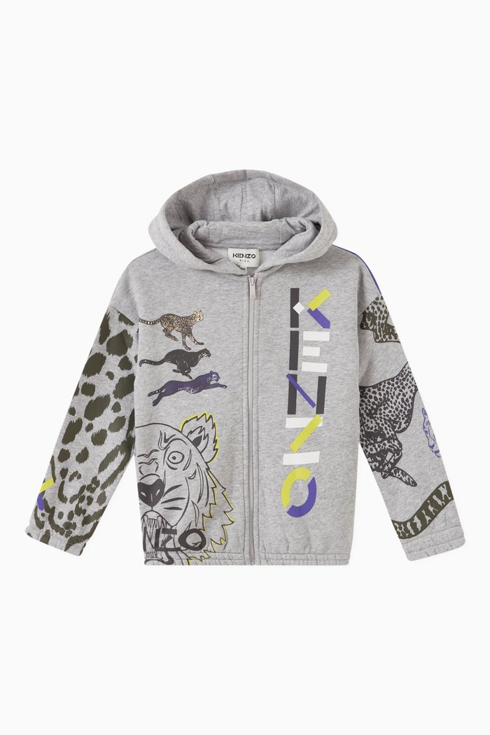 Logo Print Hoodie in Cotton, Grey