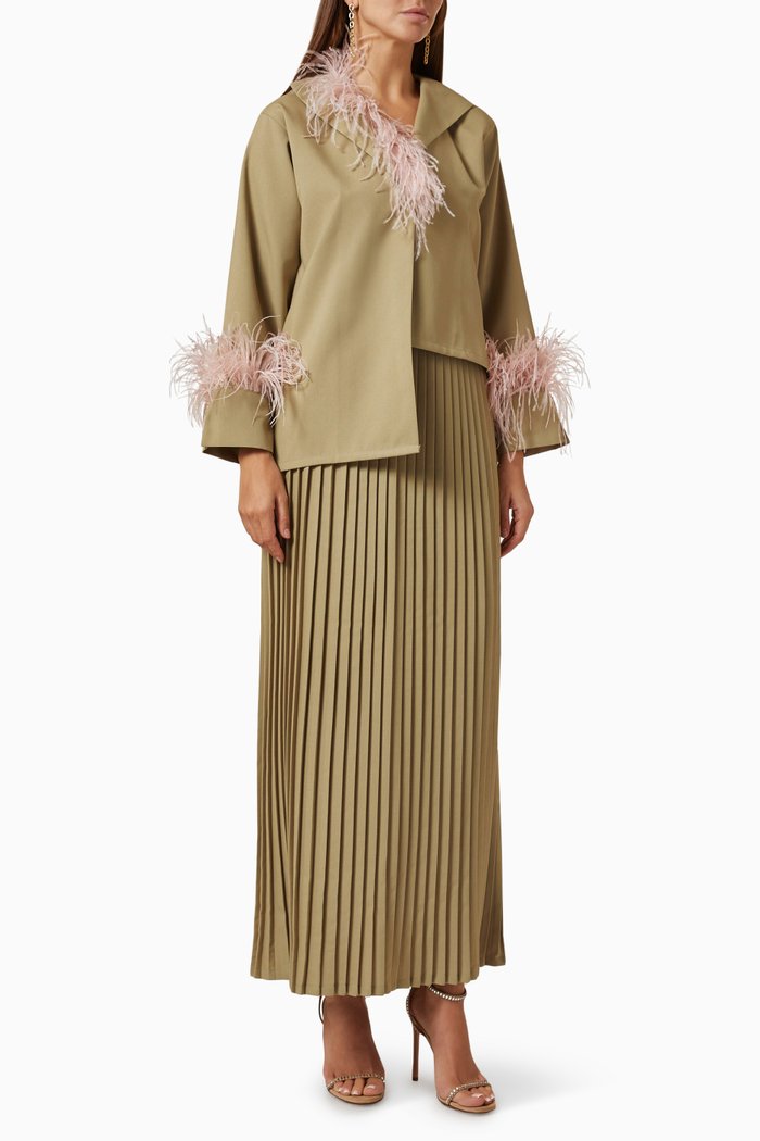 

Top & Pleated Skirt Set in Textured Fabric, Green