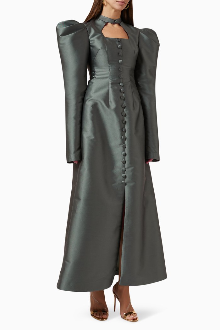 

Puffy-Sleeves Buttoned Maxi Dress, Green