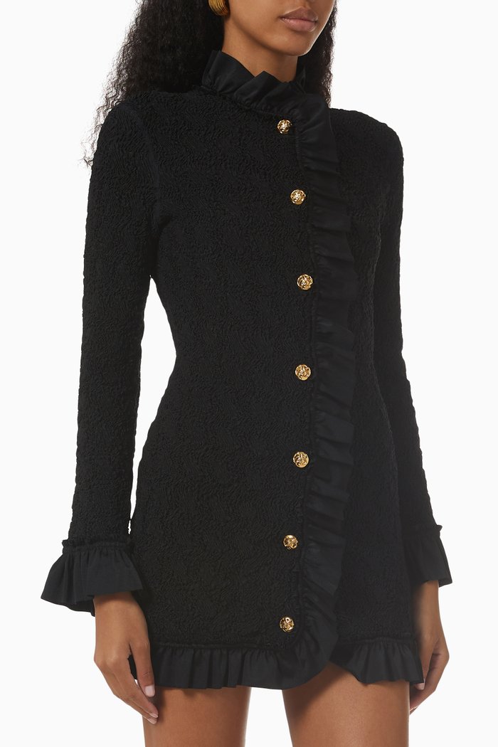 Ruffled Jacket in Smocked Jersey, Black