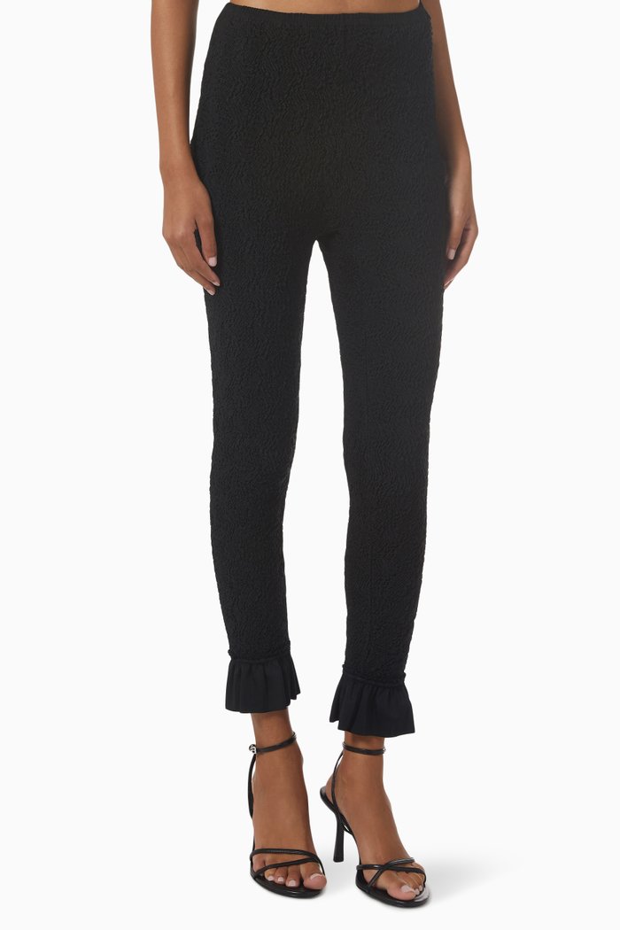 

Ruffled Leggings in Smocked Jersey, Black