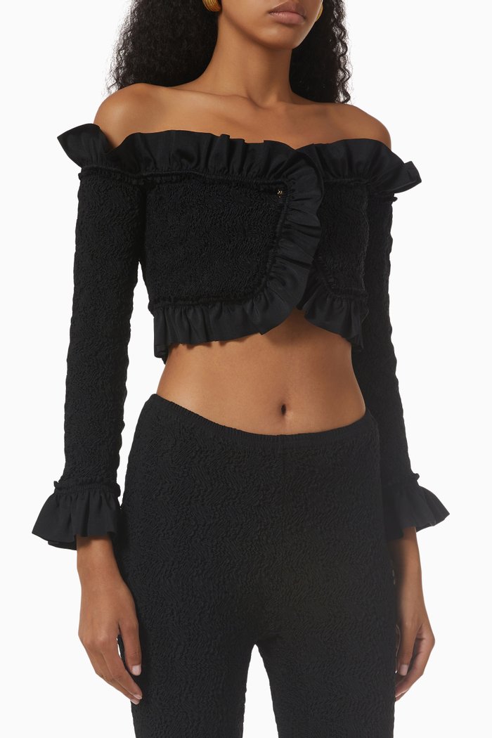 

Ruffled Crop Top in Smocked Jersey, Black