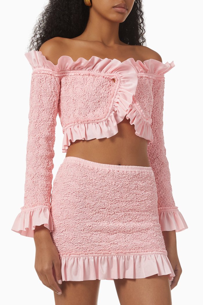 

Ruffled Crop Top in Smocked Jersey, Pink