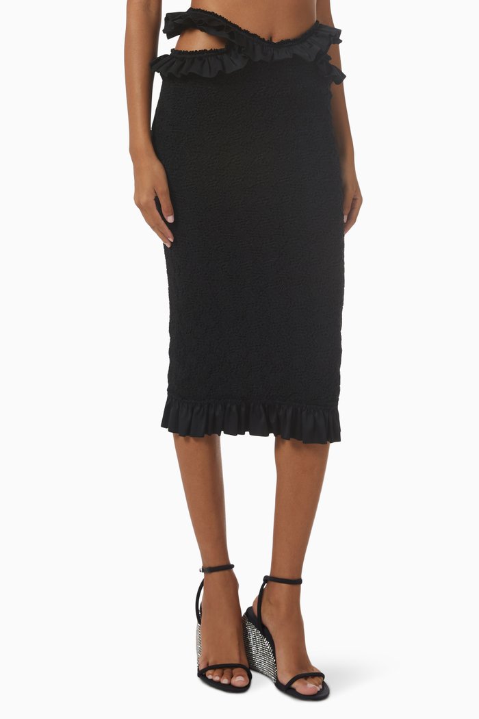 

Ruffled Cut-out Skirt in Smocked Jersey, Black