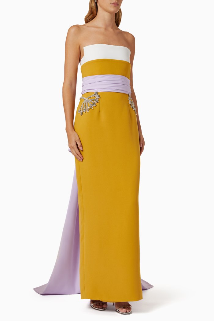 

Embellished Colour-block Maxi Dress in Crepe, Yellow