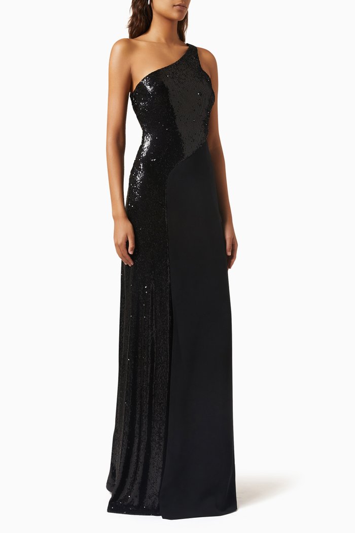 

Carson One-shoulder Gown in Sequinned Crepe, Black